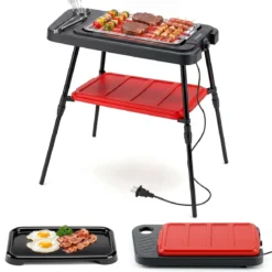 2 in 1 Elektrogrill 2000W Standgrill mit Doppelter Grillplatten & Höhenverstellbarem Ständer