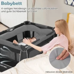5 in 1 Faltbare Babybett mit Abnehmbarem Stubenwagen & Wickelauflage & Matratze Reisebett Grau