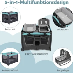 5 in 1 Faltbare Babybett mit Abnehmbarem Stubenwagen & Wickelauflage & Matratze Reisebett Grün
