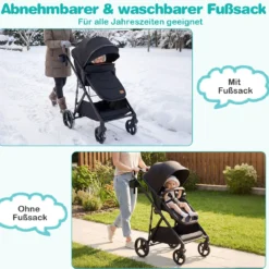 3 in 1 Faltbare Kinderwagen mit Umkehrbarem Sitz & Liegefunktion Reisebuggy Kombikinderwagen Schwarz