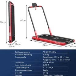 2-in-1 Faltbares Laufband mit APP & Fernbedienung Handyhalter Kompaktes Heim Laufband Rot