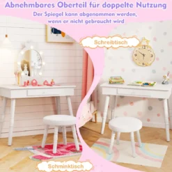 2 in 1 Frisiertisch Prinzessin mit Abnehmbarem Spiegel & Schublade Kinder Schminktisch