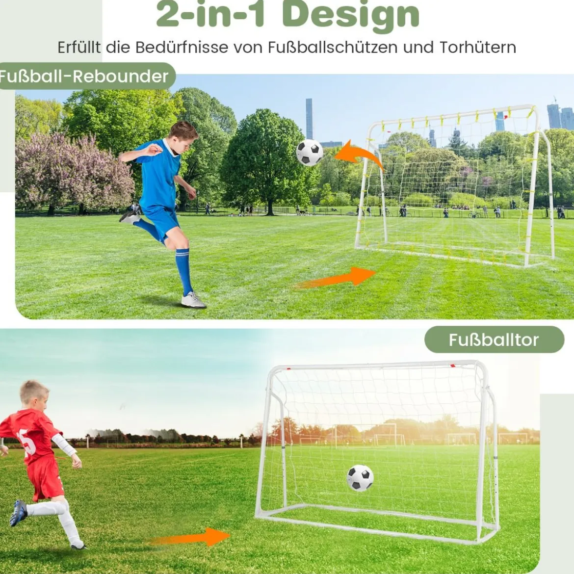 2 in 1 Fußballtor & Rebounder Fussballtore 187 x 60 x 102-122,5 cm Kinder Fußballtor-Set höhenverstellbar Weiß