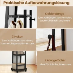 2 in 1 Ganzkörperspiegel mit 3 Haken & Ablagefächern & Universalrädern Schwarz