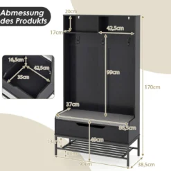 4 in 1 Garderobe mit Sitzbank & Schuhschrank & 3 Haken Garderobenständer Kleiderständer