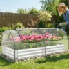 3 in 1 Gewächshaus mit Hochbeet & Metall Pflanzkasten & PVC-Folie Rechteckiges Frühbeet