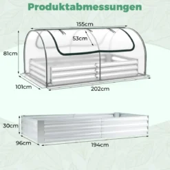 3 in 1 Gewächshaus mit Hochbeet & Metall Pflanzkasten & PVC-Folie Rechteckiges Frühbeet