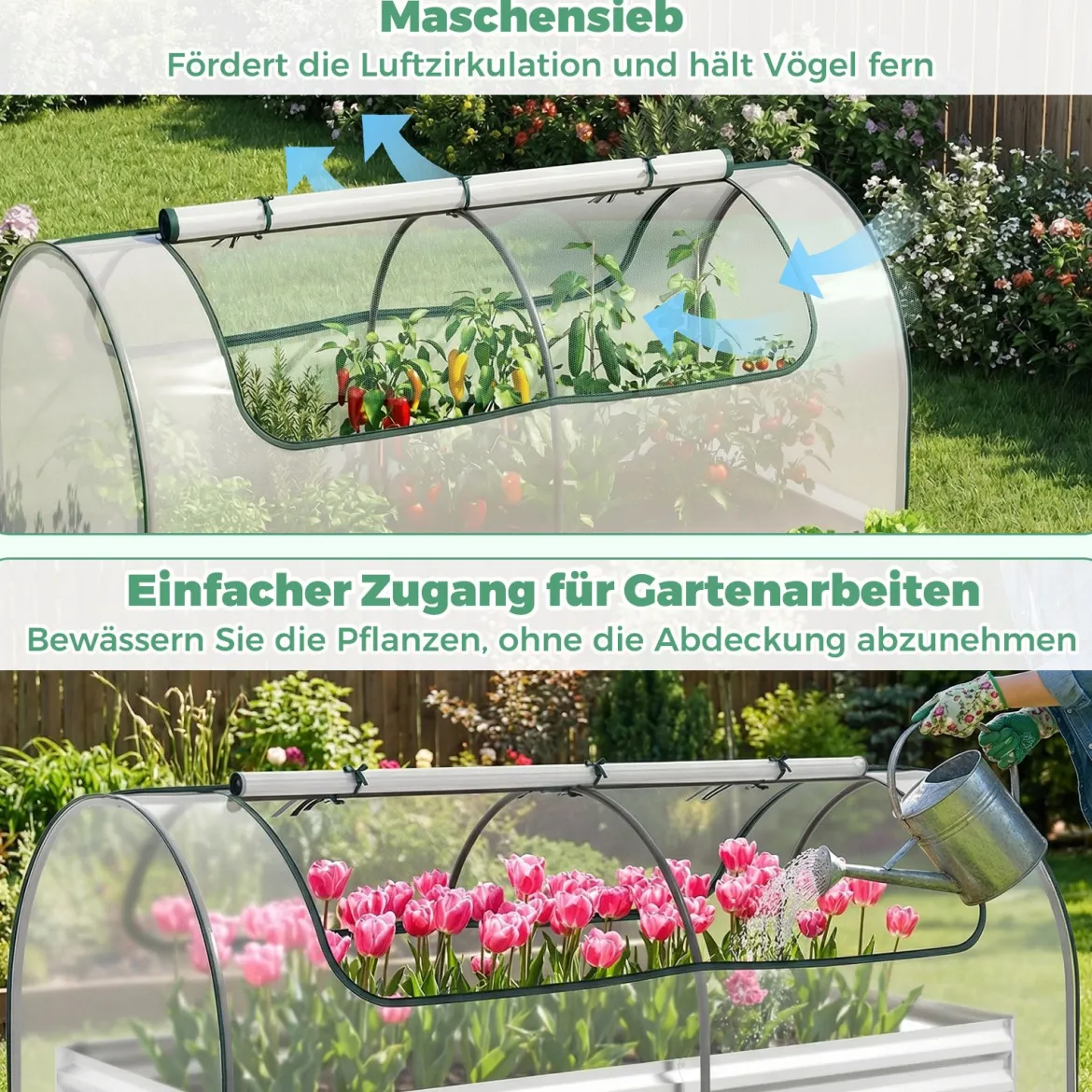 3 in 1 Gewächshaus mit Hochbeet & Metall Pflanzkasten & PVC-Folie Rechteckiges Frühbeet