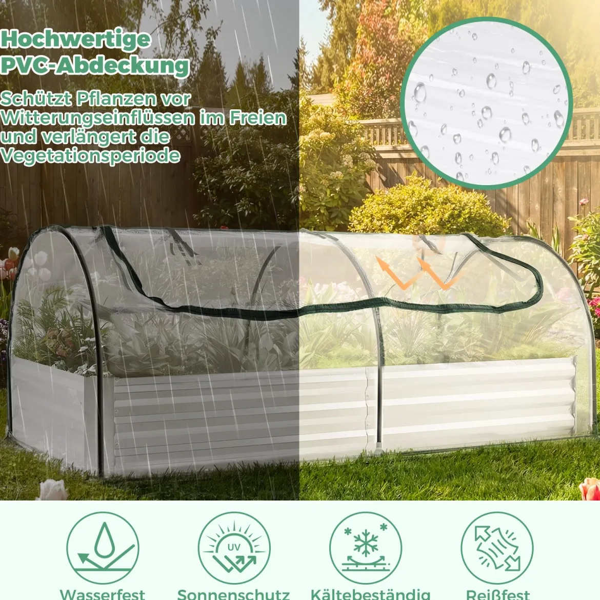 3 in 1 Gewächshaus mit Hochbeet & Metall Pflanzkasten & PVC-Folie Rechteckiges Frühbeet