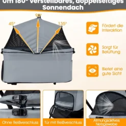 3 in 1 Haustierbuggy mit Abnehmbarem Träger & Verstellbarem Netzdach Hundebuggy Grau