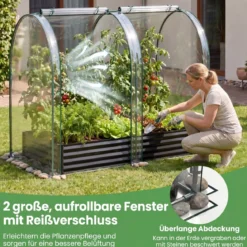 3 in 1 Hochbeet mit Gewächshaus Metall Pflanzkasten mit PVC-Abdeckung & 2 Fenstern Frühbeet Schwarz/Silber