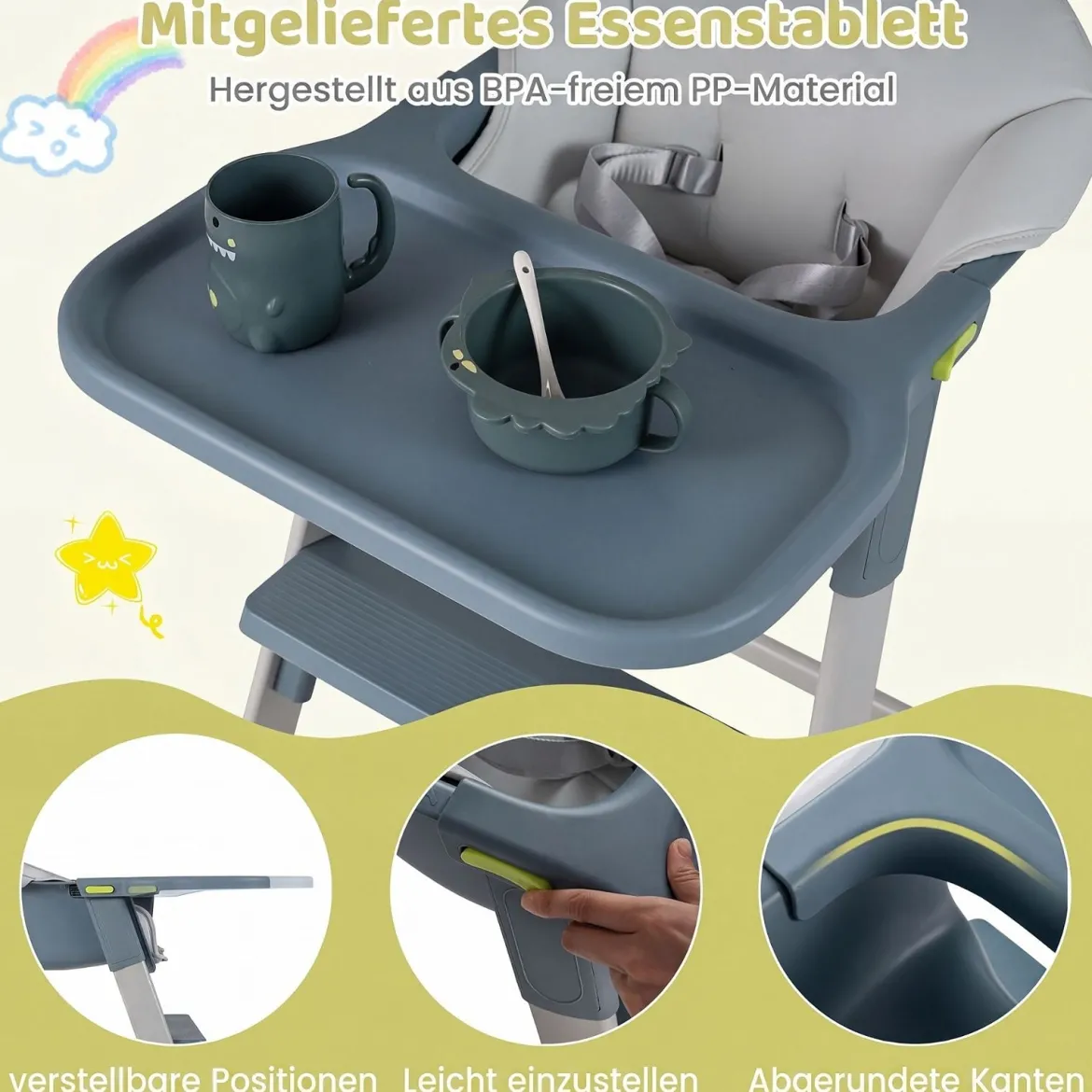 2-in-1 Hochstuhl Kinderhochstuhl mit Abnehmbarem & Verstellbarem Tablett Fußstütze Metallrahmen Grau
