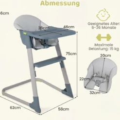 2-in-1 Hochstuhl Kinderhochstuhl mit Abnehmbarem & Verstellbarem Tablett Fußstütze Metallrahmen Grau