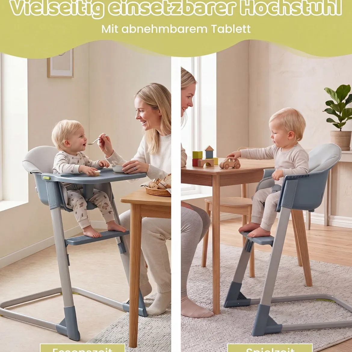 2-in-1 Hochstuhl Kinderhochstuhl mit Abnehmbarem & Verstellbarem Tablett Fußstütze Metallrahmen Grau