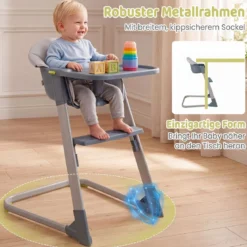 2-in-1 Hochstuhl Kinderhochstuhl mit Abnehmbarem & Verstellbarem Tablett Fußstütze Metallrahmen Grau