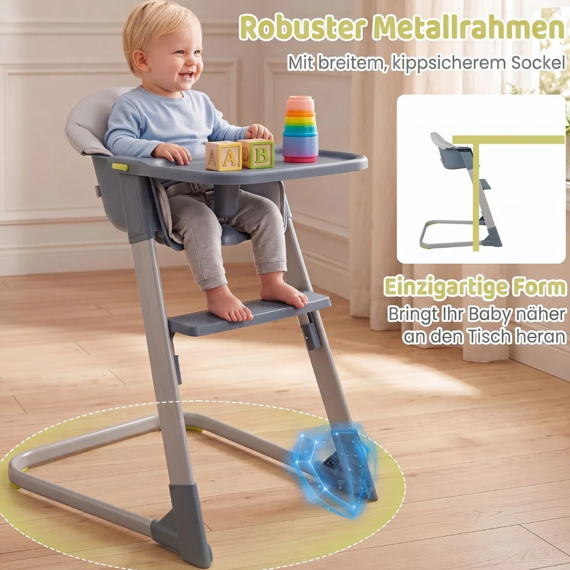 2-in-1 Hochstuhl Kinderhochstuhl mit Abnehmbarem & Verstellbarem Tablett Fußstütze Metallrahmen Grau