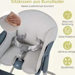 2-in-1 Hochstuhl Kinderhochstuhl mit Abnehmbarem & Verstellbarem Tablett Fußstütze Metallrahmen Grau