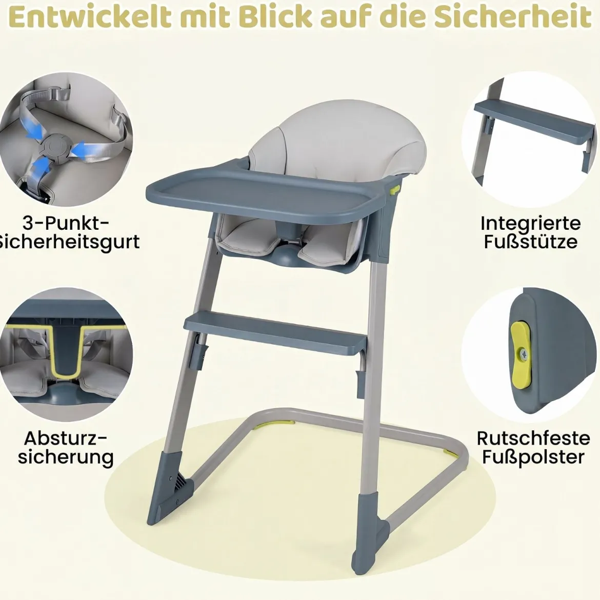2-in-1 Hochstuhl Kinderhochstuhl mit Abnehmbarem & Verstellbarem Tablett Fußstütze Metallrahmen Grau