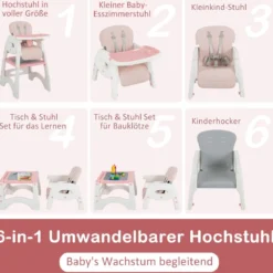 6 in 1 Hochstuhl mit Lerntisch & Abnehmbarem Doppeltablett & Sicherheitsgurt Rosa