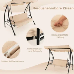 2-in-1 Hollywoodschaukel Umwandelbare Gartenschaukel mit Flachbett-Modus Beige