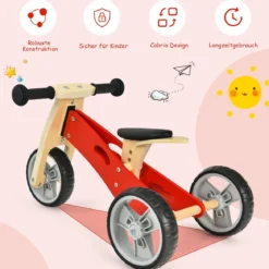 2-in-1 Holz-Balance-Bike und Dreirad Kleinkind Fahrrad ohne Pedale mit verstellbarem Sitz Rot + Natur