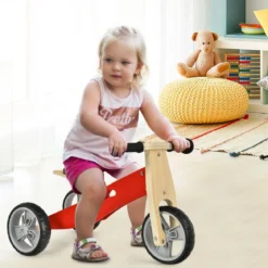 2-in-1 Holz-Balance-Bike und Dreirad Kleinkind Fahrrad ohne Pedale mit verstellbarem Sitz Rot + Natur