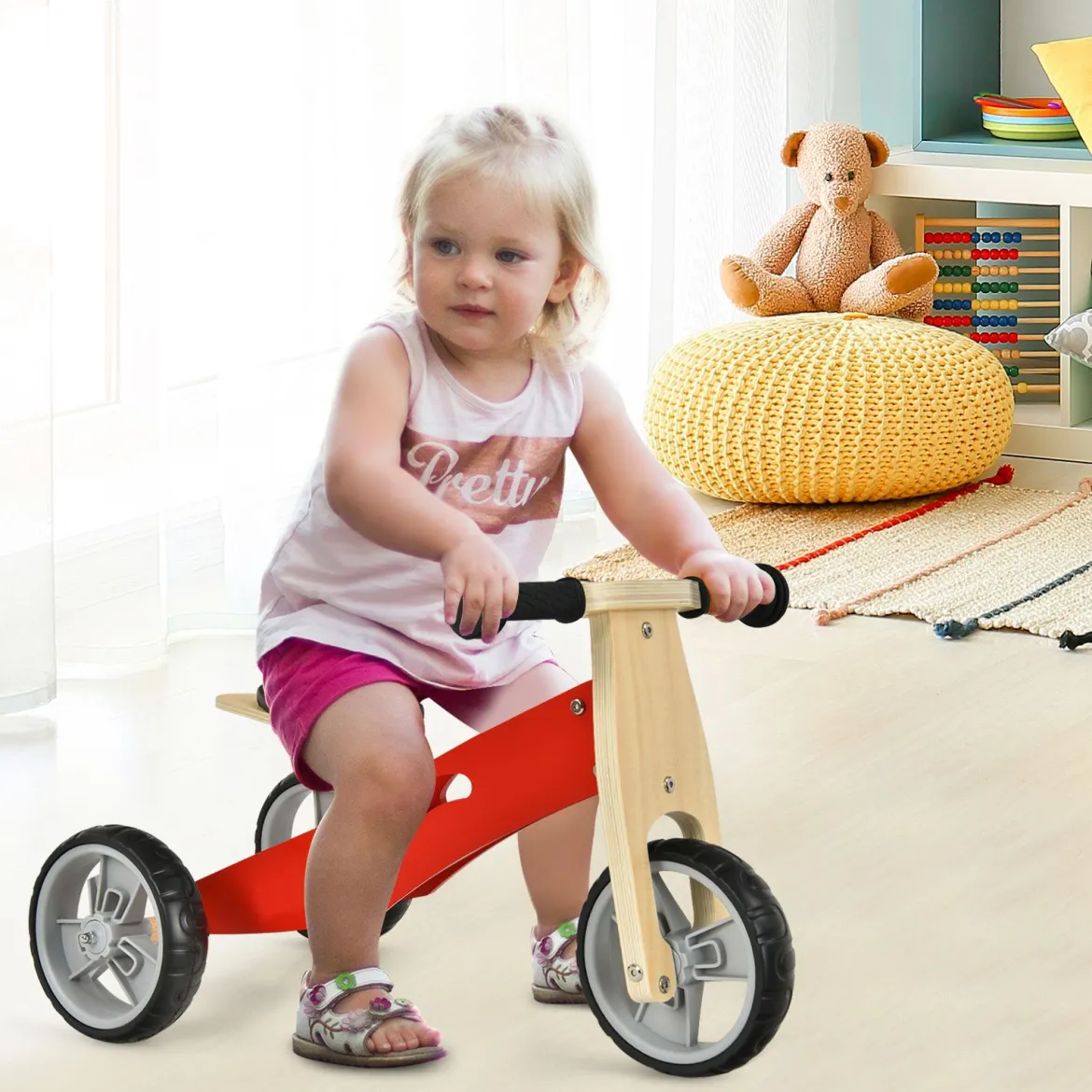 2-in-1 Holz-Balance-Bike und Dreirad Kleinkind Fahrrad ohne Pedale mit verstellbarem Sitz Rot + Natur