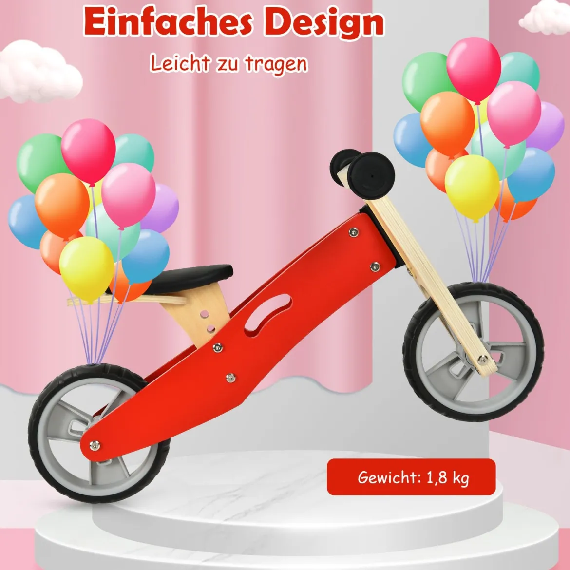2-in-1 Holz-Balance-Bike und Dreirad Kleinkind Fahrrad ohne Pedale mit verstellbarem Sitz Rot + Natur