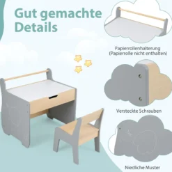 3 in 1 Holz Kindersitzgruppe mit Wendbarer & Abnembarer TischplatteKindertisch mit Stuhl Grau