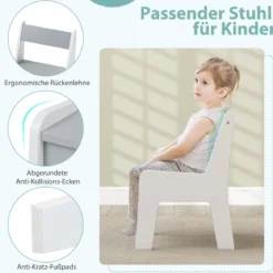 3 in 1 Holz Kindersitzgruppe mit Wendbarer & Abnembarer Tischplatte Kindertisch mit Stuhl Grau+Weiß
