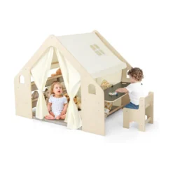 6-IN-1 Holz Kinderzelt mit Kindertisch & Stuhl & Matte & Tafel Spielhaus 145 x 98 x 113 cm