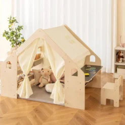 6-IN-1 Holz Kinderzelt mit Kindertisch & Stuhl & Matte & Tafel Spielhaus 145 x 98 x 113 cm