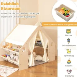6-IN-1 Holz Kinderzelt mit Kindertisch & Stuhl & Matte & Tafel Spielhaus 145 x 98 x 113 cm