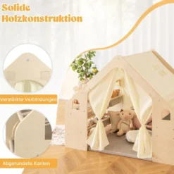 6-IN-1 Holz Kinderzelt mit Kindertisch & Stuhl & Matte & Tafel Spielhaus 145 x 98 x 113 cm