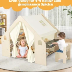 6-IN-1 Holz Kinderzelt mit Kindertisch & Stuhl & Matte & Tafel Spielhaus 145 x 98 x 113 cm