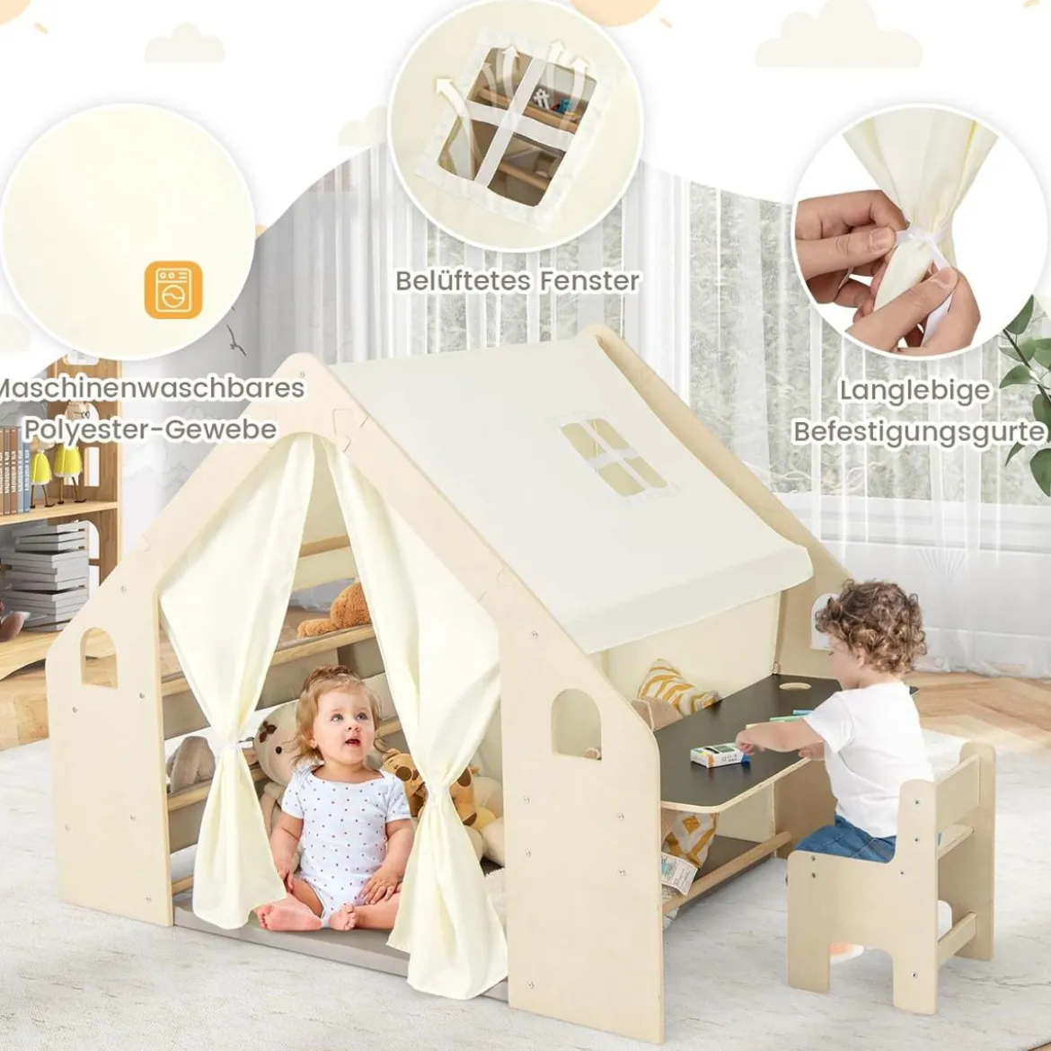 6-IN-1 Holz Kinderzelt mit Kindertisch & Stuhl & Matte & Tafel Spielhaus 145 x 98 x 113 cm