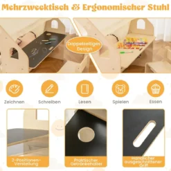 6-IN-1 Holz Kinderzelt mit Kindertisch & Stuhl & Matte & Tafel Spielhaus 145 x 98 x 113 cm