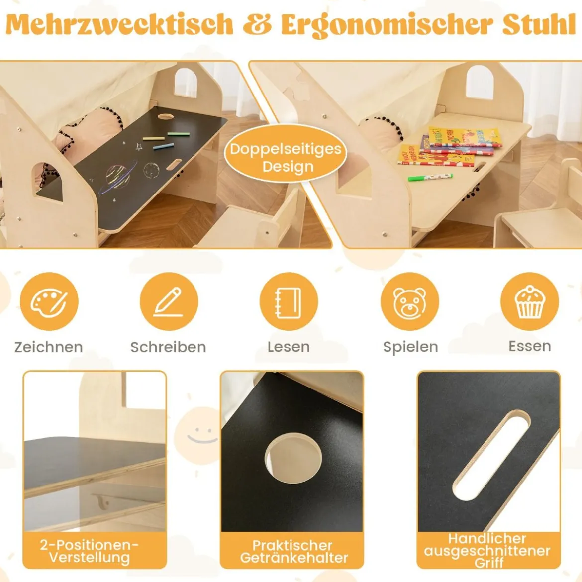 6-IN-1 Holz Kinderzelt mit Kindertisch & Stuhl & Matte & Tafel Spielhaus 145 x 98 x 113 cm