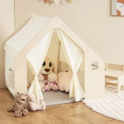 6-IN-1 Holz Kinderzelt mit Kindertisch & Stuhl & Matte & Tafel Spielhaus 131 x 98 x 113 cm