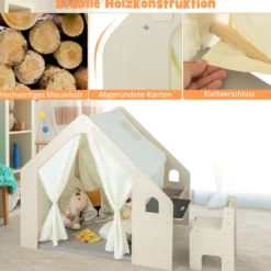 6-IN-1 Holz Kinderzelt mit Kindertisch & Stuhl & Matte & Tafel Spielhaus 131 x 98 x 113 cm