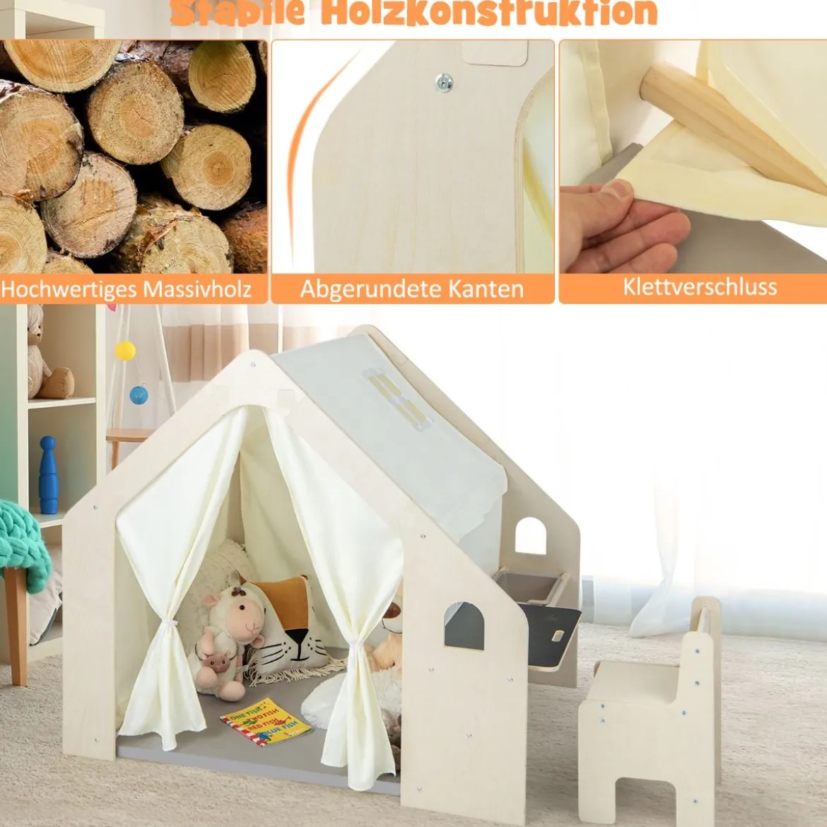 6-IN-1 Holz Kinderzelt mit Kindertisch & Stuhl & Matte & Tafel Spielhaus 131 x 98 x 113 cm