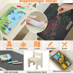 6-IN-1 Holz Kinderzelt mit Kindertisch & Stuhl & Matte & Tafel Spielhaus 131 x 98 x 113 cm