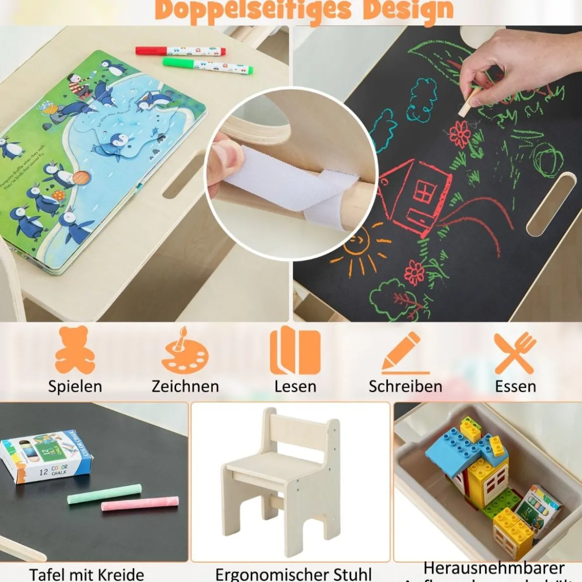 6-IN-1 Holz Kinderzelt mit Kindertisch & Stuhl & Matte & Tafel Spielhaus 131 x 98 x 113 cm