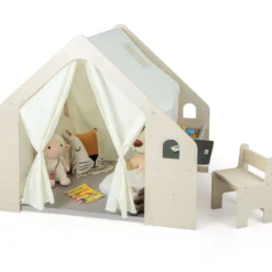 6-IN-1 Holz Kinderzelt mit Kindertisch & Stuhl & Matte & Tafel Spielhaus 131 x 98 x 113 cm