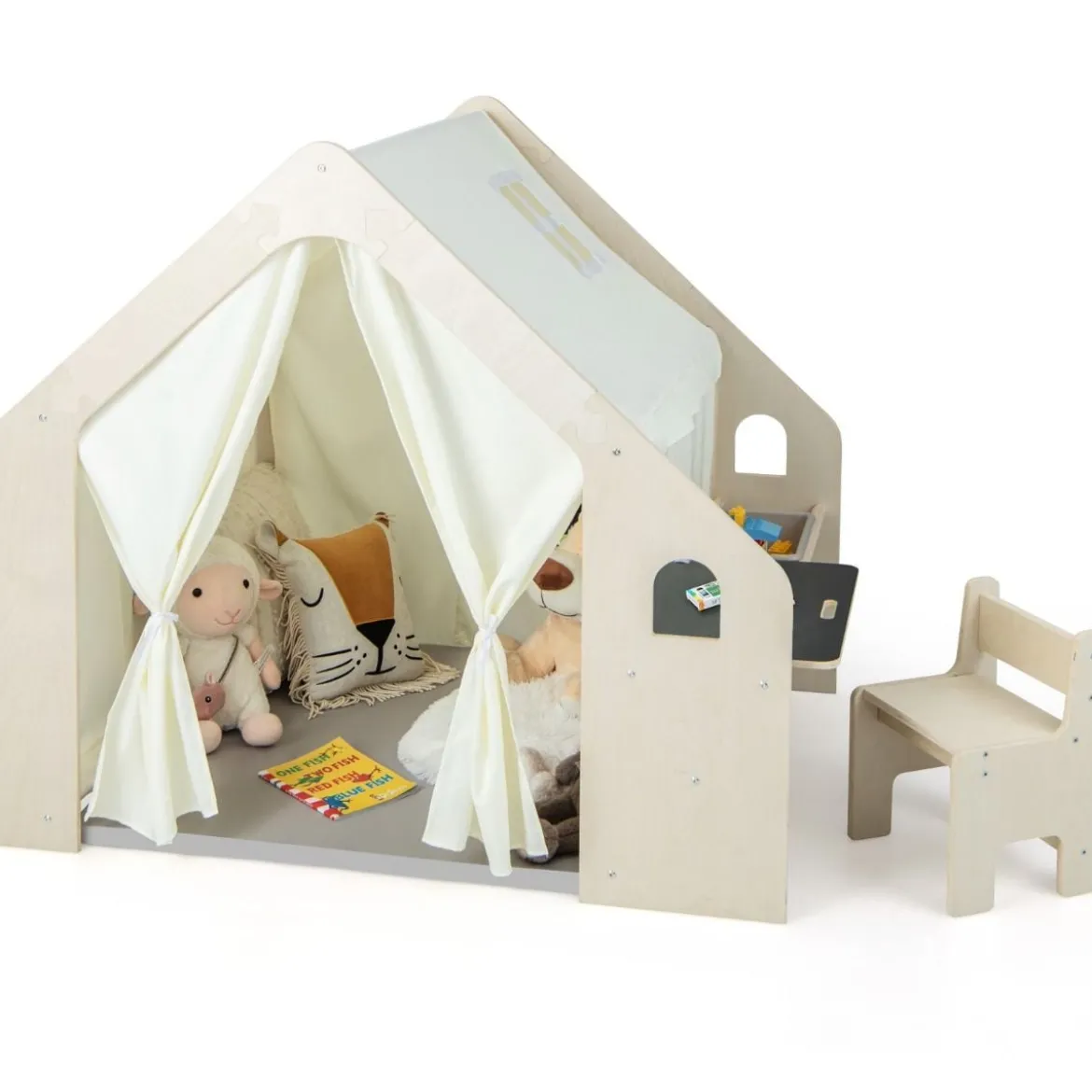 6-IN-1 Holz Kinderzelt mit Kindertisch & Stuhl & Matte & Tafel Spielhaus 131 x 98 x 113 cm