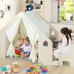 6-IN-1 Holz Kinderzelt mit Kindertisch & Stuhl & Matte & Tafel Spielhaus 131 x 98 x 113 cm