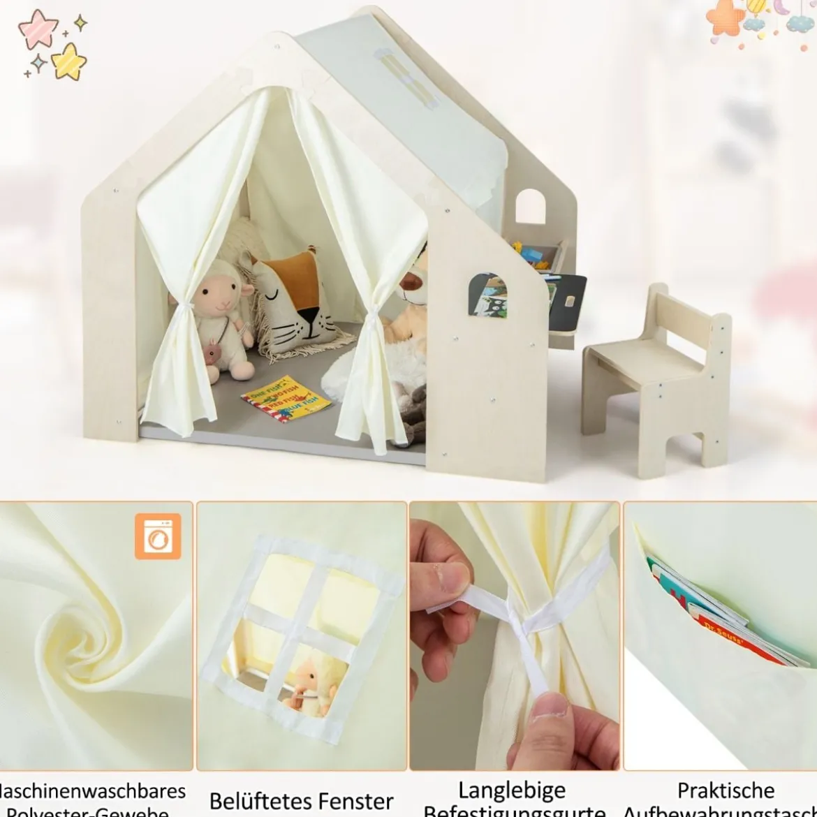 6-IN-1 Holz Kinderzelt mit Kindertisch & Stuhl & Matte & Tafel Spielhaus 131 x 98 x 113 cm