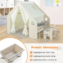 6-IN-1 Holz Kinderzelt mit Kindertisch & Stuhl & Matte & Tafel Spielhaus 131 x 98 x 113 cm