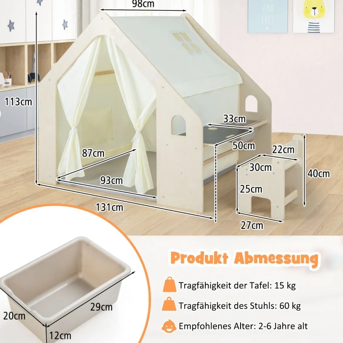 6-IN-1 Holz Kinderzelt mit Kindertisch & Stuhl & Matte & Tafel Spielhaus 131 x 98 x 113 cm