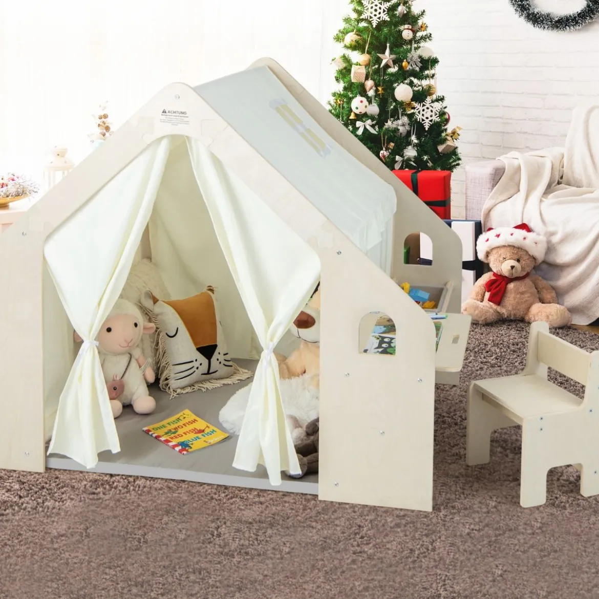 6-IN-1 Holz Kinderzelt mit Kindertisch & Stuhl & Matte & Tafel Spielhaus 131 x 98 x 113 cm